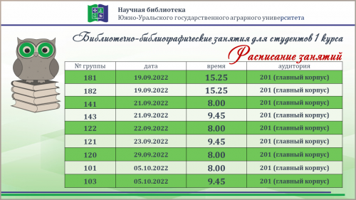 Расписание библиотечно-библиографических занятий для обучающихся 1 курса Института агроинженерии